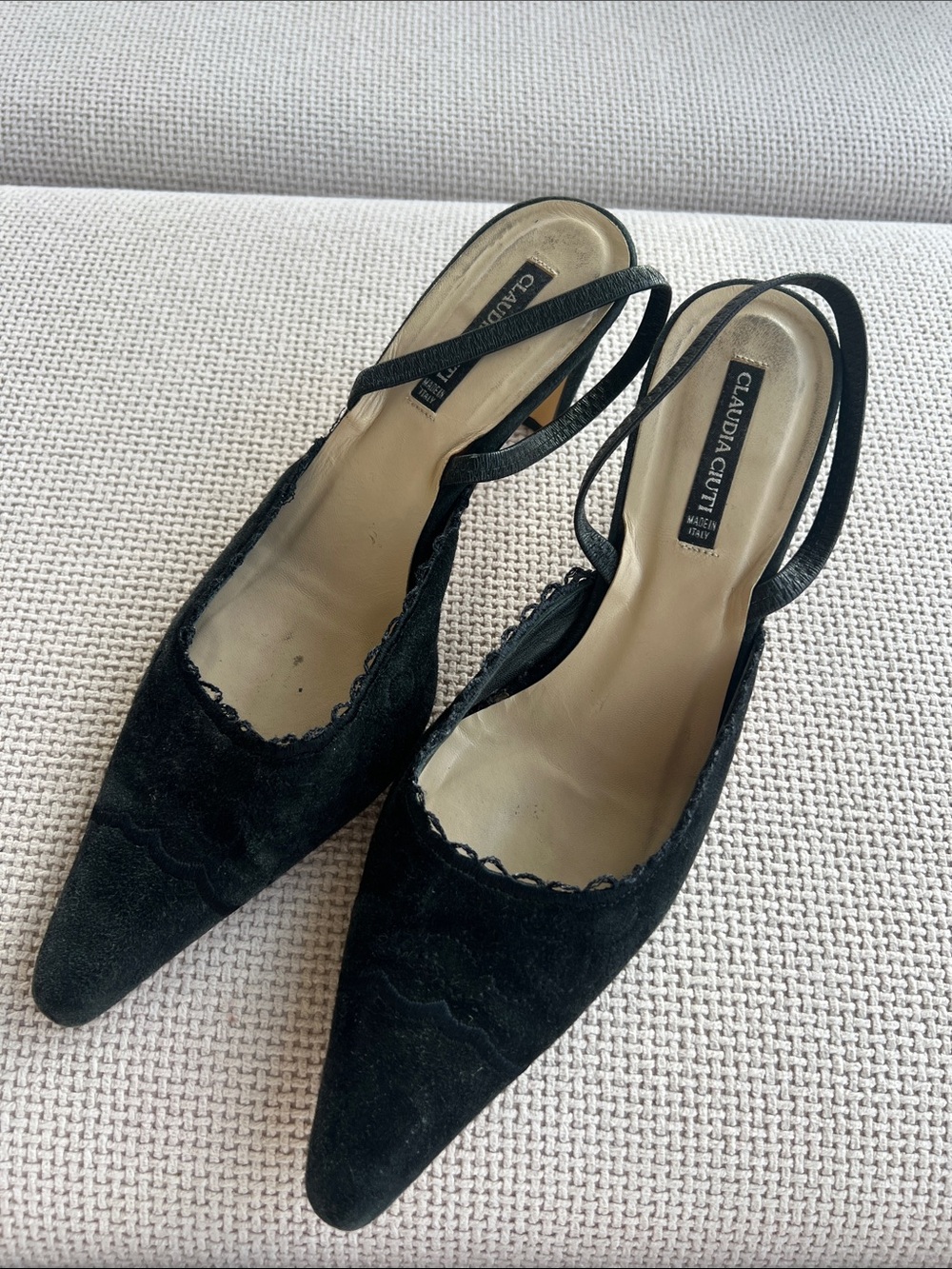 Claudia Ciuti Black Suede Pointed Slingback Heels Sz 37 1/2 Narrow